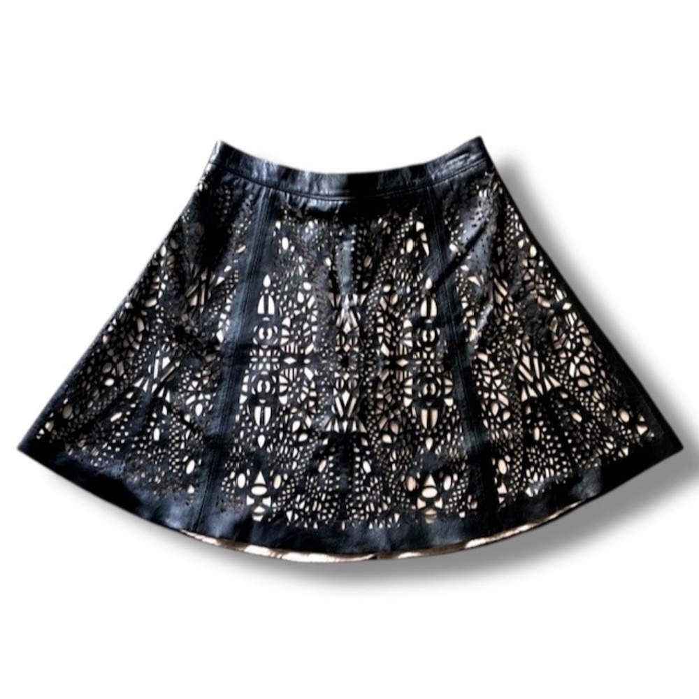 Parker Black 100% Leather Stencil A-Line Skirt Size 2